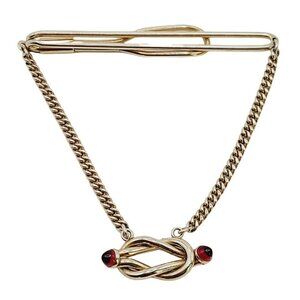 Vintage Swank Slide On Tie Bar W/ Chain Knotted Accent Red Glass Ends Gold Tone